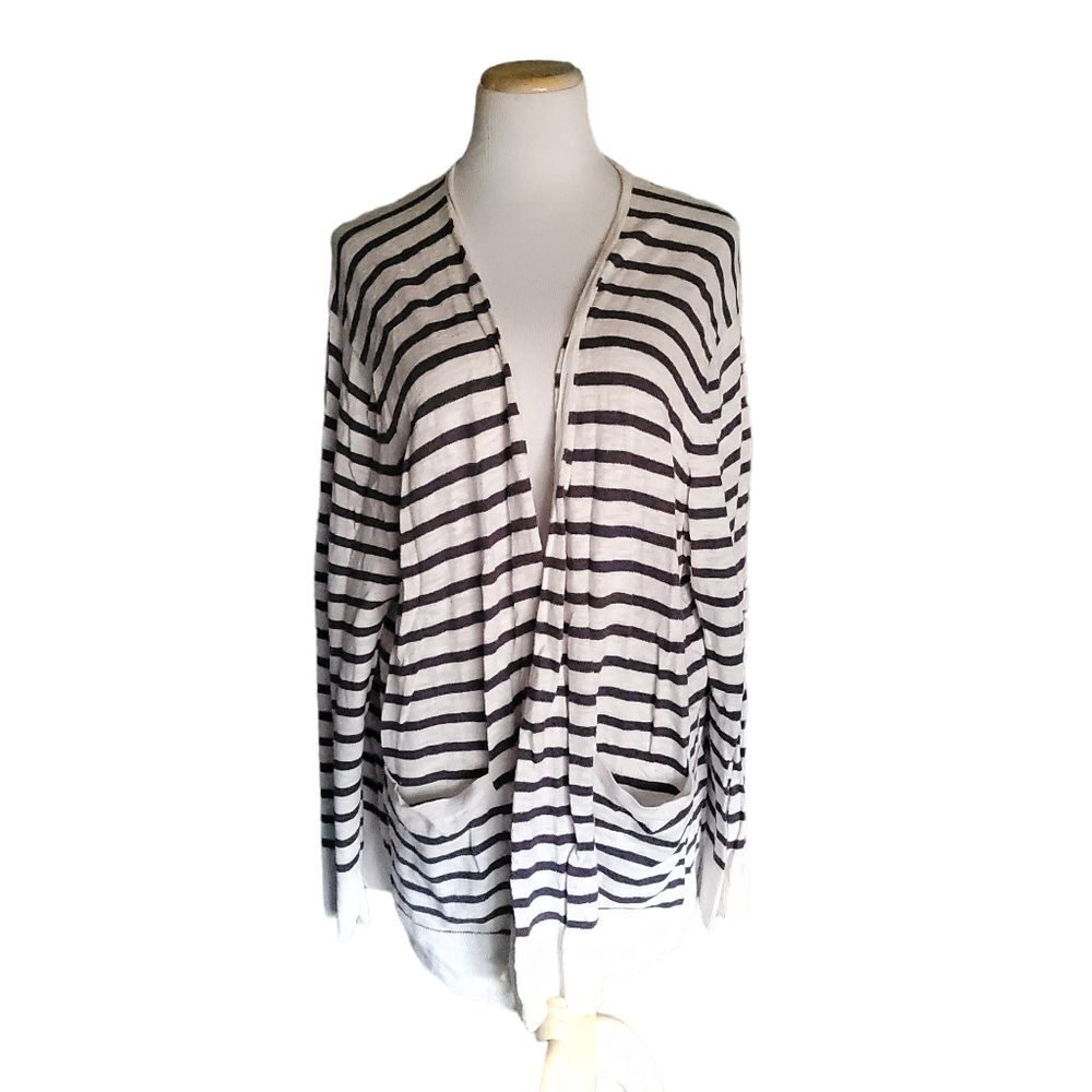 Madewell Open Front long sleeved cardigan sweater in cream with navy stripes 3X